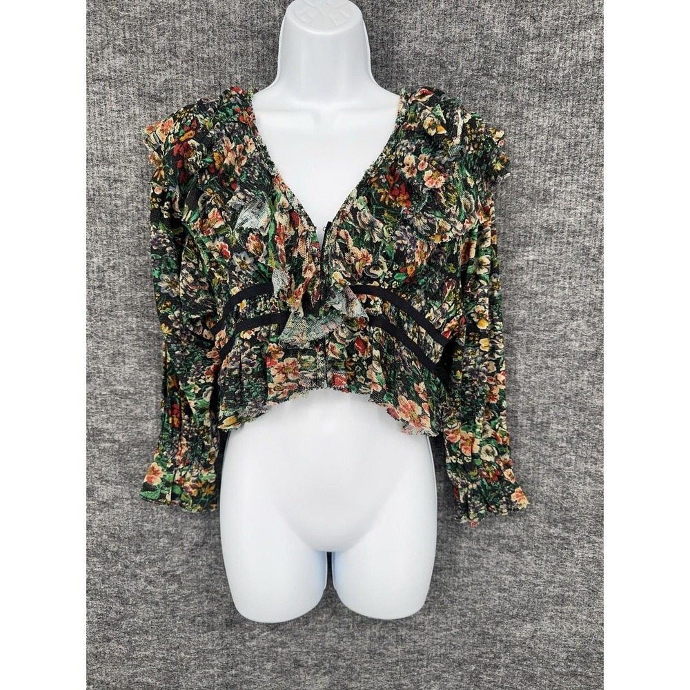 Free People Blouse Womens XS Multicolor Floral V Neck Ruffle Zip Cropped Top